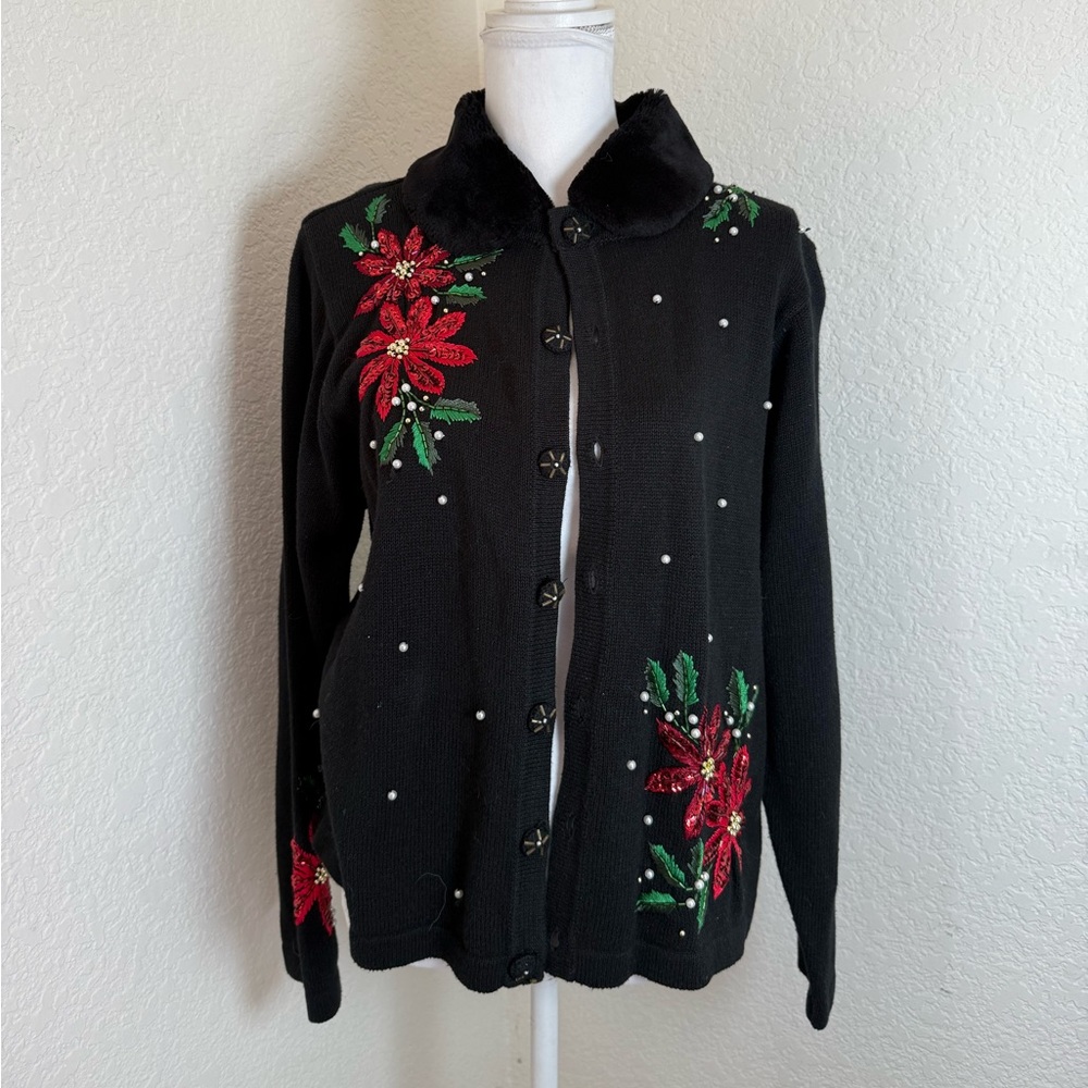 Victoria Jones Womens Christmas Sweater Glimmer Removable Fur Collar‎ Size Large